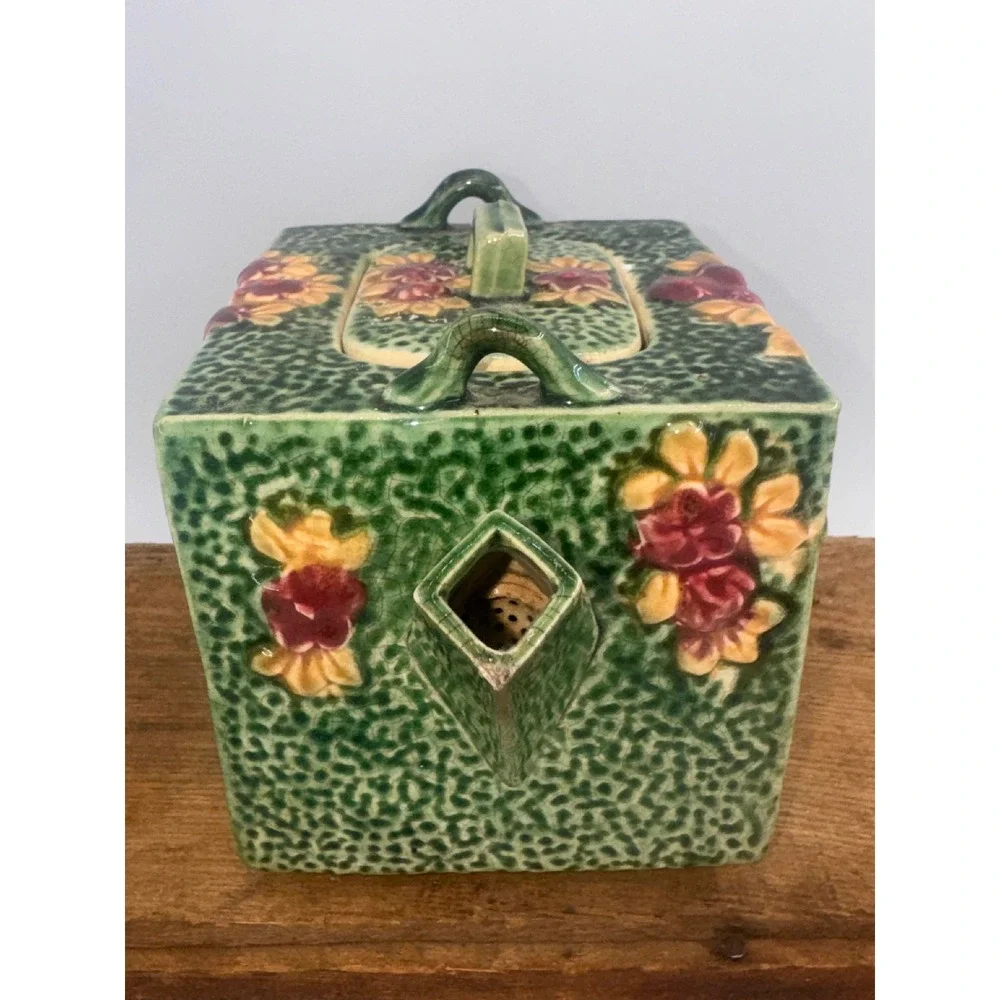 Vintage Japanese Square Ceramic Teapot Floral Majolica Style Green Made in Japan